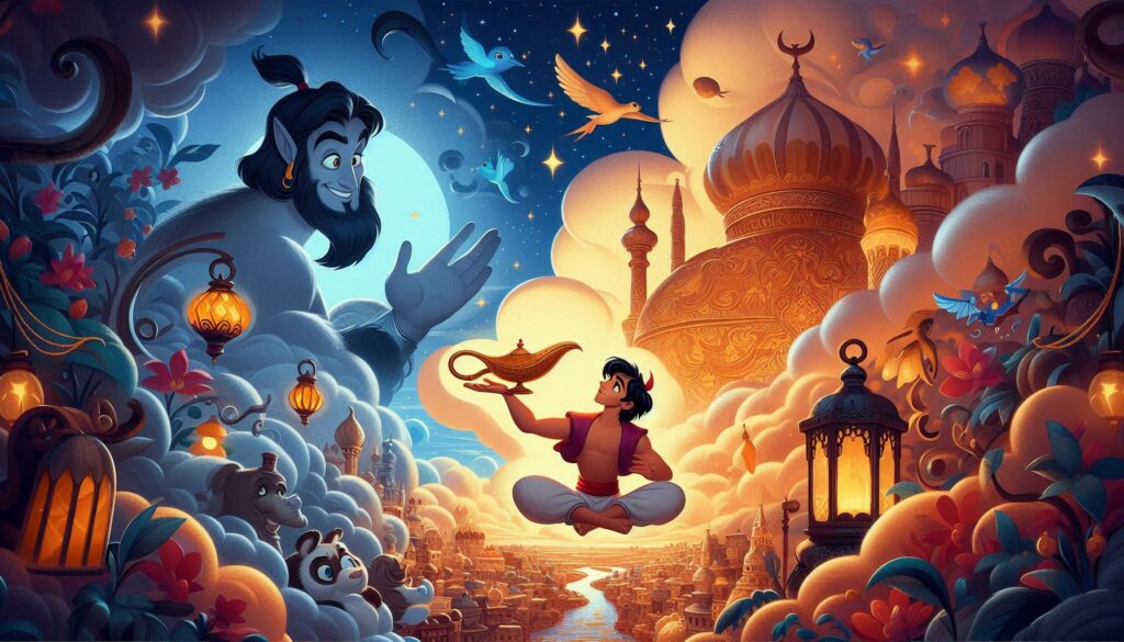 Portada del cuento aladino y la lámpara maravillosa, donde aparecen tanto Aladino como el Genio