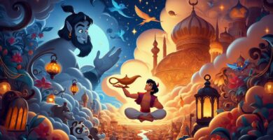 Portada del cuento aladino y la lámpara maravillosa, donde aparecen tanto Aladino como el Genio